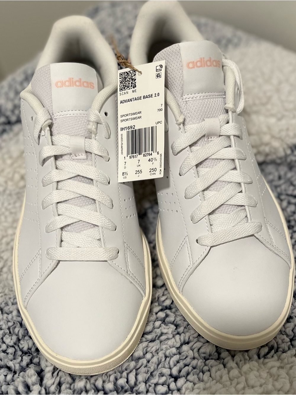 NWT adidas Advantage Base 2.0 sneakers with soft blush pink logo on the tongue